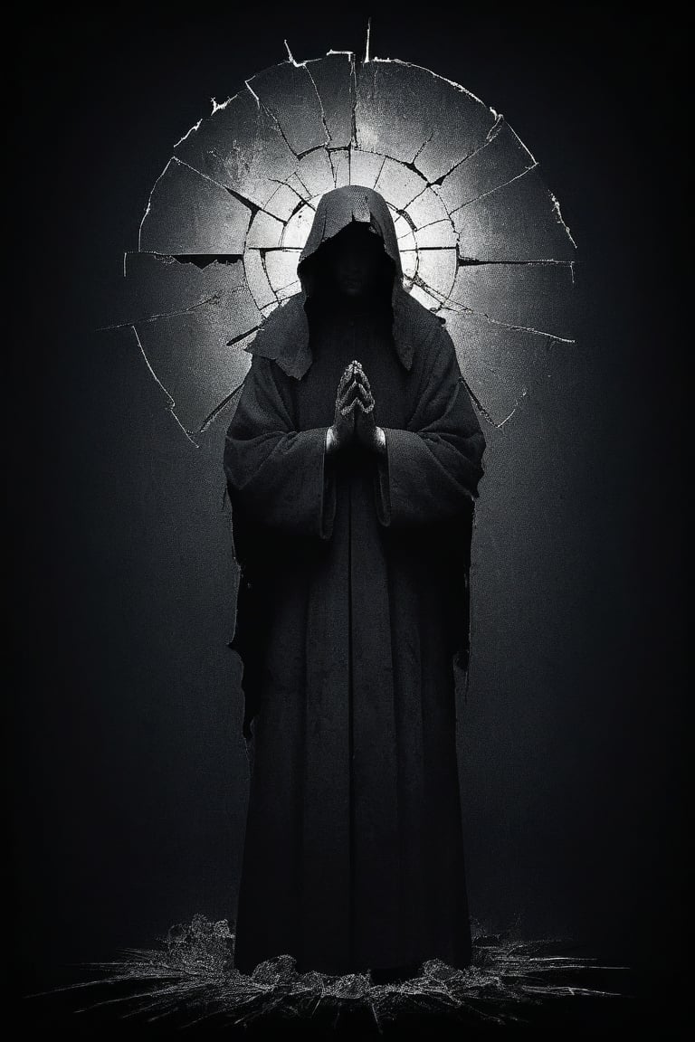 fragmented faith,
dark art style illustration, black theme