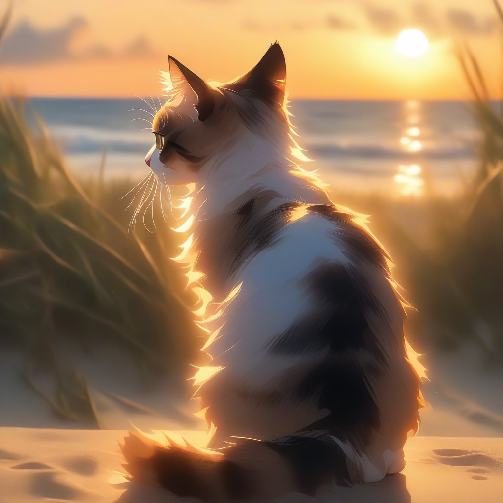 a cat sitting looking at the beach at dawn