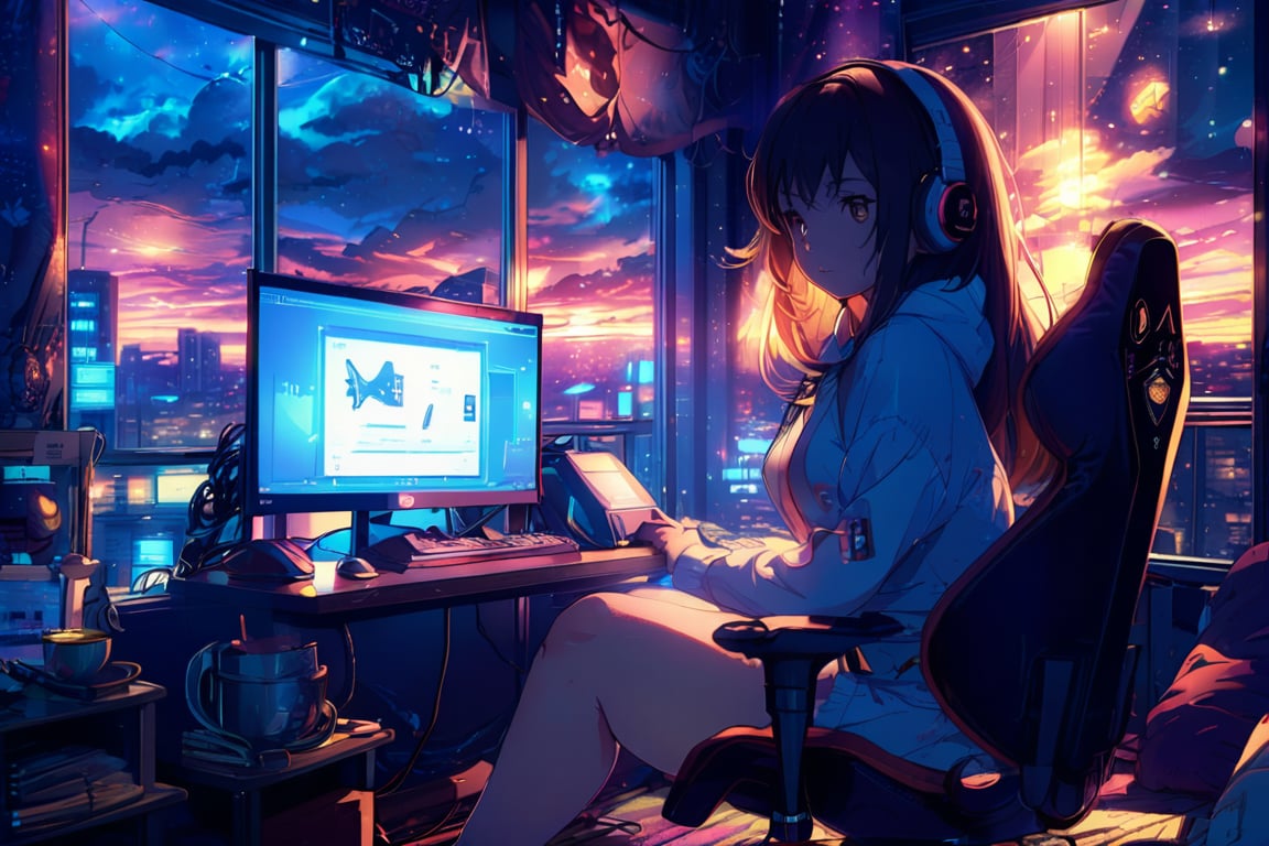 the bedroom with gaming computer with girl sitting in gaming chair looking out the window, neon night, anime style, ghibli studio art style