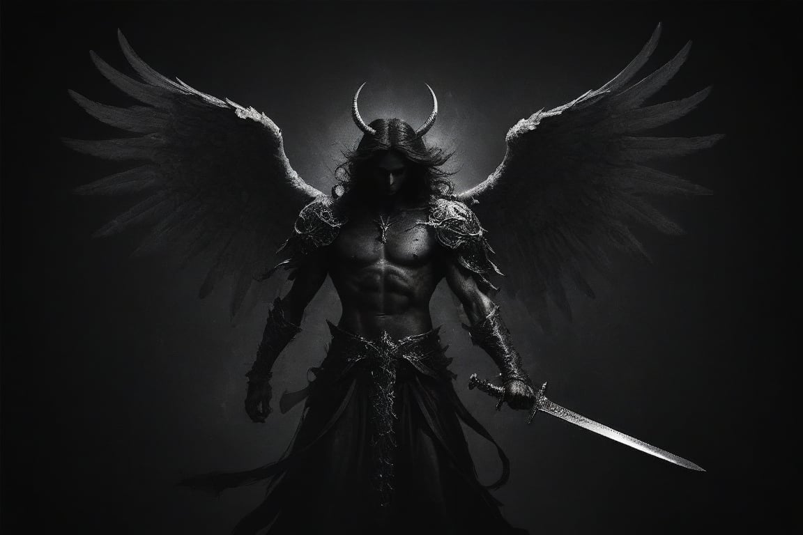 Angel with sword fight devil
dark art style illustration, black theme