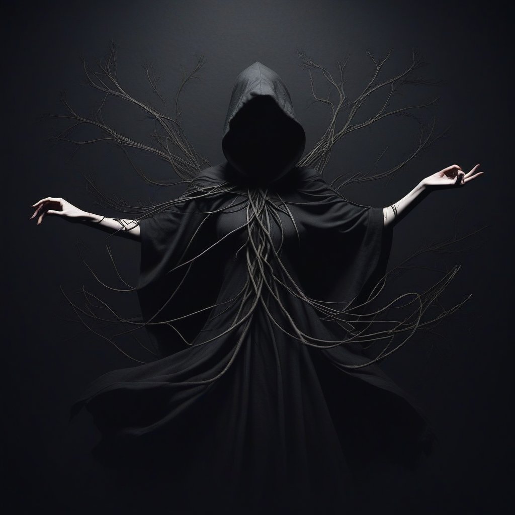 A figure shrouded in shadows dances on a black canvas, surrounded by eerie silhouettes. Dark, twisted limbs entwined like macabre ballerinas. The dancer's face is obscured by a hood, as if hiding from the abyssal darkness that threatens to consume them. Twisted vines and thorns sprout from their skin, as if life itself was writhing in agony.