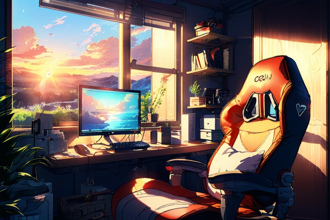 the bedroom with gaming computer with gaming chair looking out the window, afternoon sunlight, anime style, ghibli studio art style