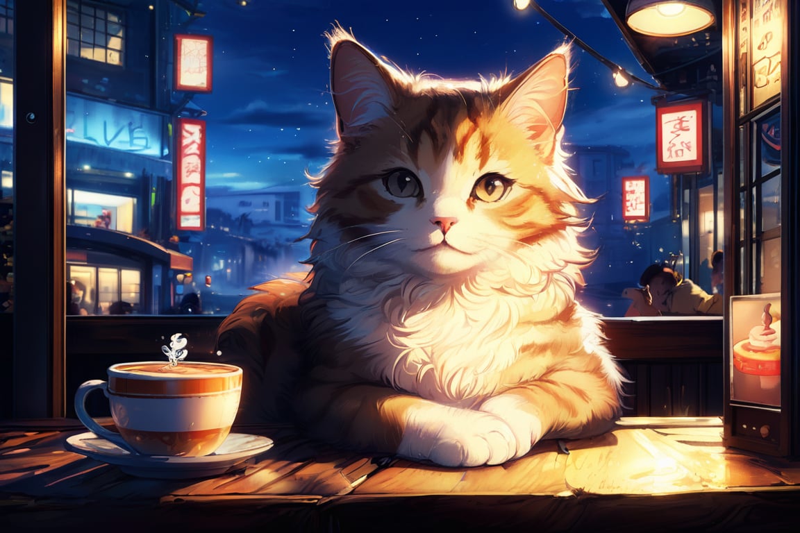 a cat chilling in a cafe at night, anime style, ghibli studio art style