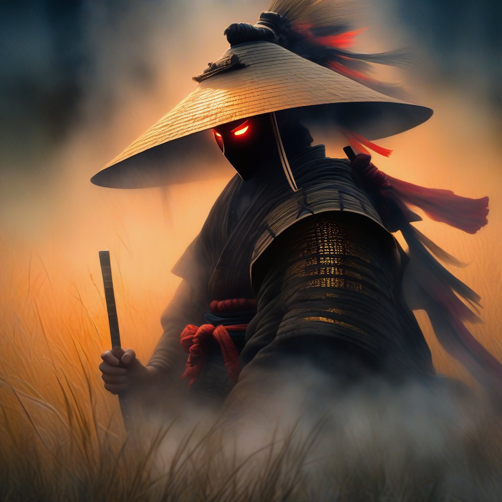 A captivating and enigmatic digital illustration features a shadowy figure, seemingly a warrior or samurai, kneeling amidst a dimly lit, foggy field. The character dons a wide-brimmed straw hat and a mysterious mask, concealing their identity. Their hand grips a magnificent sword with intricate engravings that emit a mesmerizing, fiery red aura. The background reveals a traditional, architectural structure—possibly a temple or shrine—bathed in the soft glow of floating embers or fireflies. The composition by Hans Darias exudes an eerie atmosphere, skillfully blending warm and cool tones to evoke a palpable sense of tension and expectation.