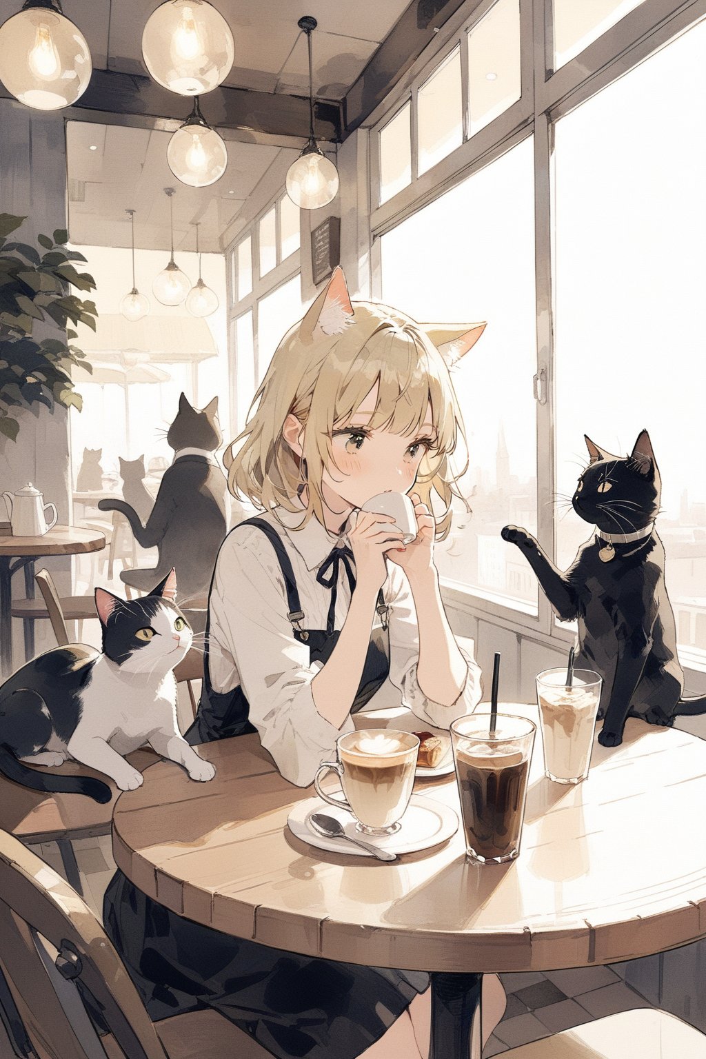 two cats and a girl drink coffee in the cafe,
masterpiece, best quality, aesthetic,