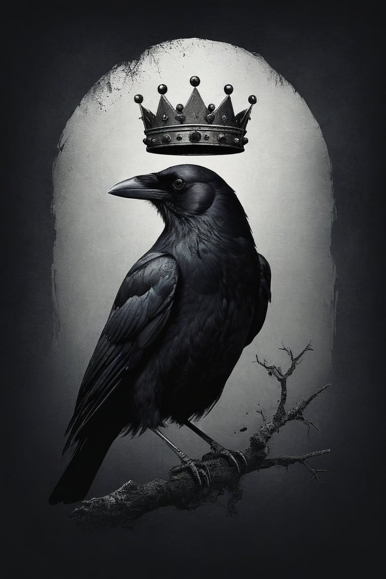 crown and a crow,
dark art style illustration, black theme