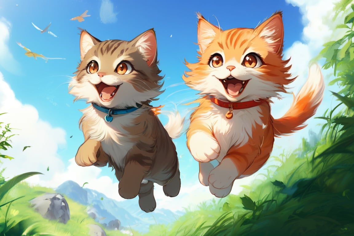 two cats jumping, anime style, ghibli studio art style