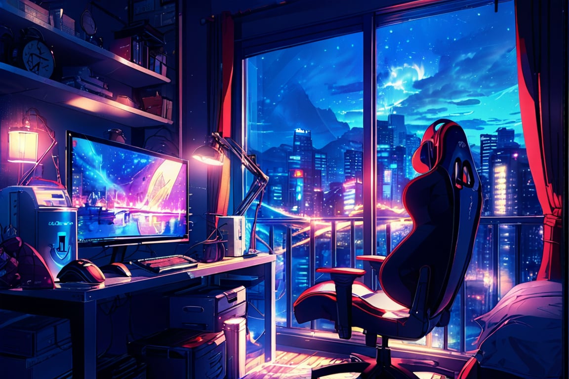 the bedroom with gaming computer with gaming chair looking out the window, neon night, anime style, ghibli studio art style