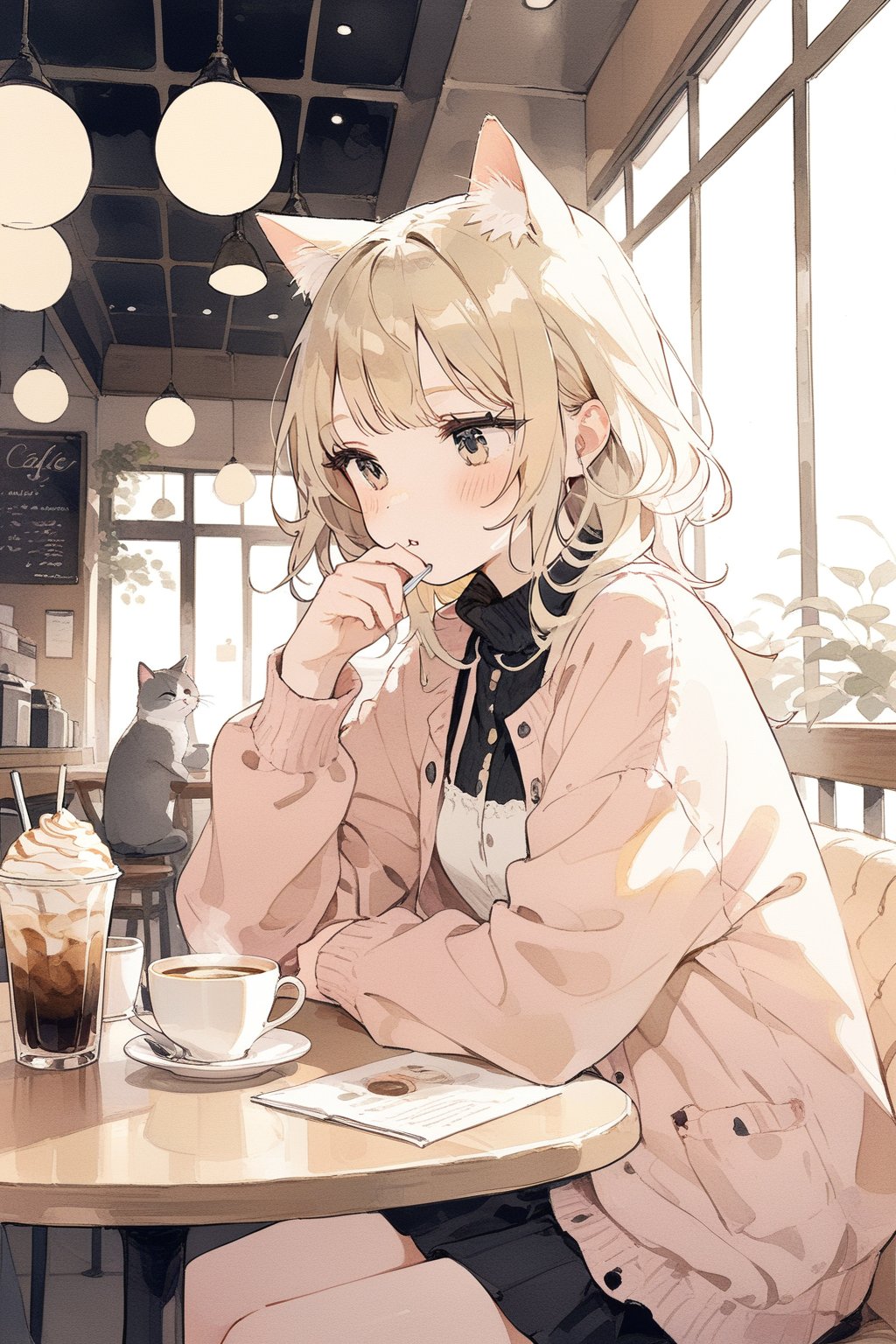 chill cat and a girl drink coffee in the cafe,
masterpiece, best quality, aesthetic,