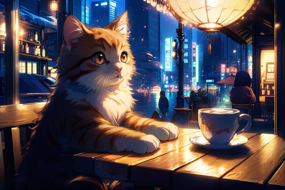 a cat chilling in a cafe at night, anime style, aesthetic, best quality, ghibli studio art style