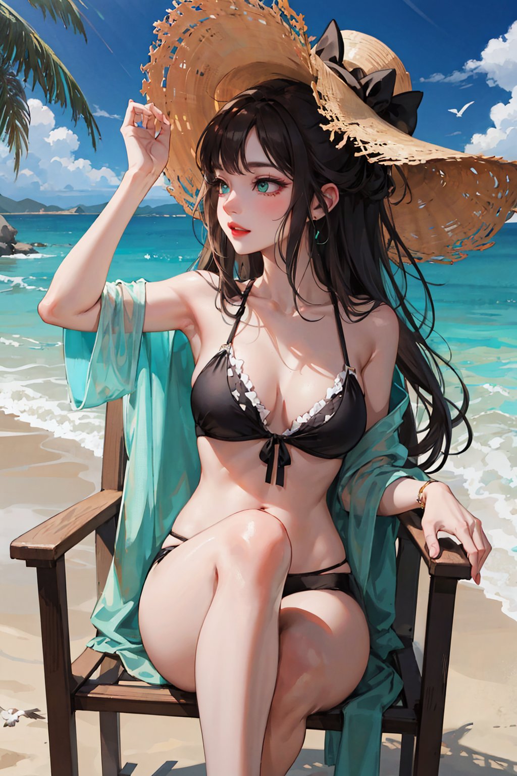 On the sun-kissed beach, there sits a woman, a mesmerizing vision brought to life in anime style. Her [green eyes] sparkle like emerald gems, drawing in all who catch a glimpse. With an [Asian] heritage, she possesses a unique allure, a blend of elegance and charm.

Her [white skin] glows softly under the warm sun, setting a radiant backdrop for her features. Cascading in graceful waves, her [brown hair] gracefully frames her enchanting face. Delightful hints of [green tips] add a touch of fantasy to her anime-inspired appearance, as if she embodies a character from a magical realm.

Dressed in a stylish [black bikini], perfectly tailored to accentuate her figure, she exudes a quiet confidence and poise. The [thin red lips] on her delicate mouth give her a hint of mystery, while her [big eyelashes] cast an aura of enchantment upon her mesmerizing gaze. Her [small nose] rests gently above her expressive eyes, adding to the subtle innocence that complements her captivating beauty.

As she sits on a comfortable chair near the sea, sipping a tropical drink, she appears effortlessly at ease, blending harmoniously with the picturesque beachscape. The golden sand stretches beneath her feet, caressed by the gentle lapping of waves as they kiss the shore. Seagulls glide gracefully through the azure sky, and the palm trees sway in rhythm with the ocean breeze.

In the world of anime aesthetics, this woman is a true work of art, a character one might encounter in an animated masterpiece. Her serene presence and magnetic charm are a delight to the eyes of those who witness her. Like a living embodiment of beauty and tranquility, she captures the essence of a beach goddess, an enchantress who leaves an indelible mark on the hearts of all who encounter her magical presence.
Dressed in a [low-cut black blouse], she exudes an aura of confidence and mystery. Her [thin red lips] accentuate her delicate yet captivating smile, leaving a lasting impression on anyone who catches a glimpse. Her [big eyelashes] frame her enchanting [green eyes], adding depth and intensity to her gaze. Her [small nose] completes the harmony of her facial features, enhancing her overall charm.

In this captivating beauty, the essence of an [anime style] character comes to life, embodying a blend of cultural influence and an air of fantasy. Her radiant [white skin] appears almost porcelain-like, harmonizing beautifully with the contrasting hues of her [brown hair] adorned with captivating [green tips]. It's a sight that captures the imagination and leaves admirers in awe of her extraordinary charm.

With an elegant yet enigmatic flair, she effortlessly captures attention wherever she goes. Her presence is a delightful fusion of cultures, resonating with fans of [anime style] and enchanting those who appreciate the allure of Asian beauty. This woman's captivating beauty transcends boundaries, making her a true embodiment of an ethereal charm that sparks fascination and admiration in all who encounter her.