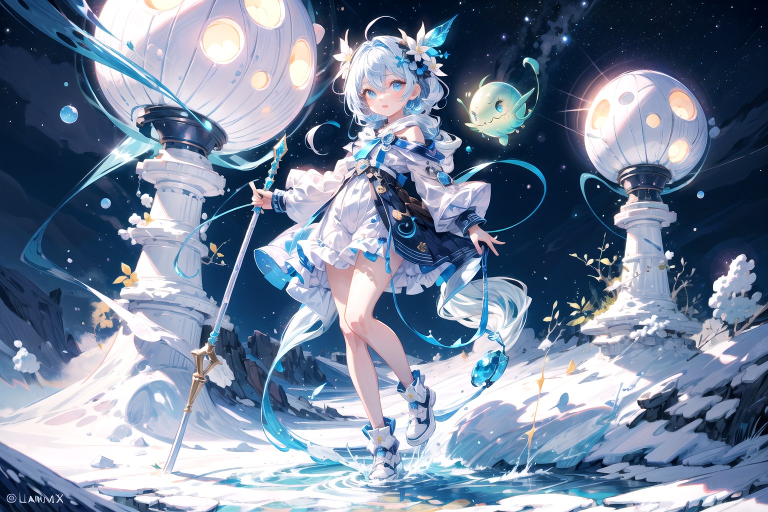 masterpiece,  extremely detailed, highest quality, girl, full body, beautiful shining eyes, cute expression, white and blue hair, alien planet, lolipop in hand, dynamic lighting, sharp ,no_humans,EnvyBeautyMix23, night time
