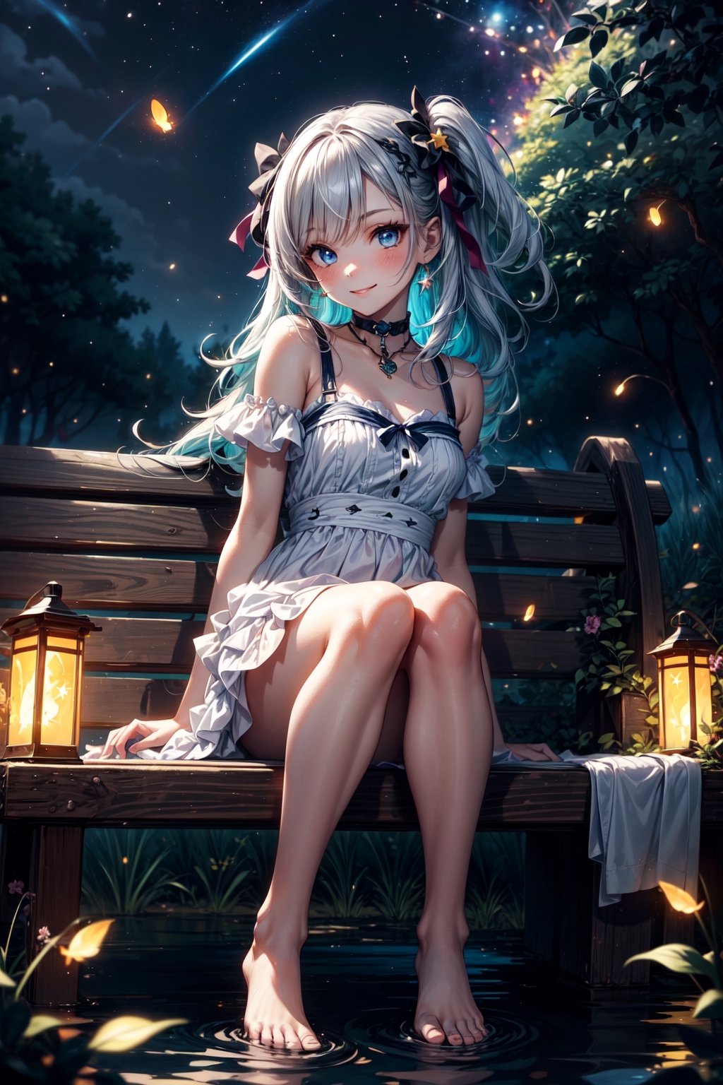 (masterpiece), (visually stunning), (extremely detailed), 1girl, teenager, smiling, colorful stars, night time, flower field, enchanting, sitting on a bench near water, tree, white dress, long blue hair, blue eyes, blush, looking at viewer ,High detailed ,Color magic,Saturated colors,Color saturation, cute face, bare feet, choker, ribbon, eye makeup, glowing fireflies, 