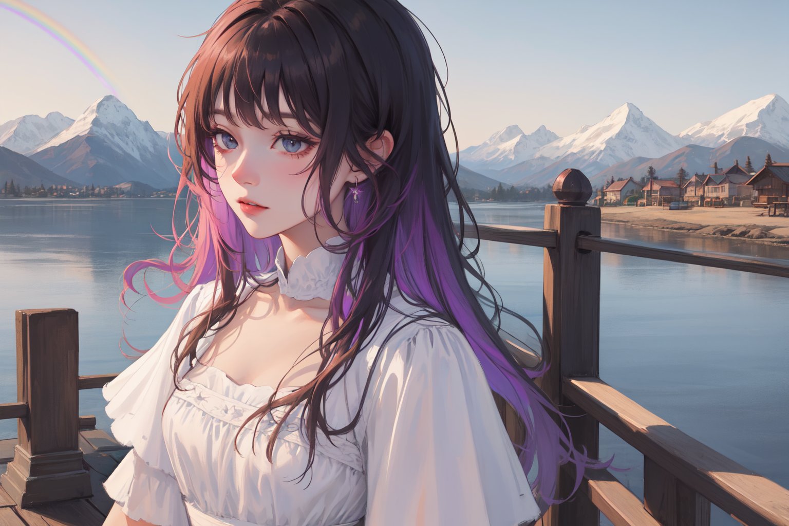 masterpiece, extremely detailed, highly detailed, best quality, a lot of details, 1 girl, colorful hair color,  mountains background, rainbow lights, colorful, white aesthetic dress