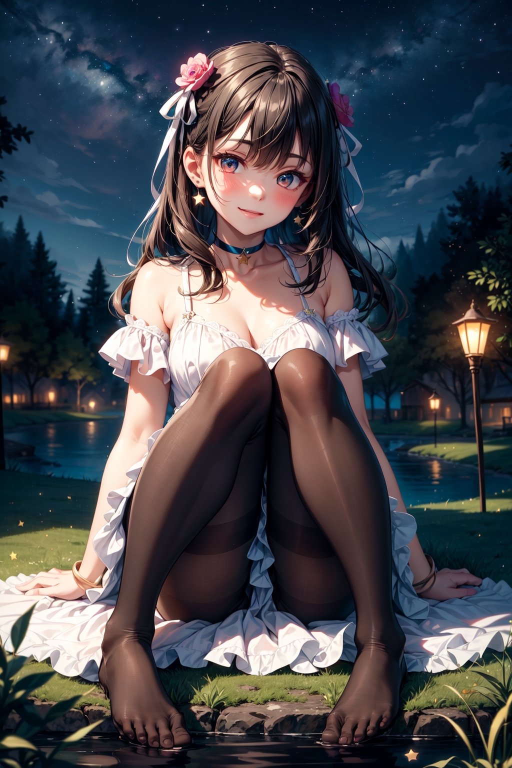 (masterpiece), (visually stunning), (extremely detailed), 1girl, teenager, happy expression, colorful stars, night time, enchanting, sitting on grass near water, tree, white dress, blush, looking at viewer ,High detailed ,Color magic,Saturated colors,Color saturation, cute face, bare feet, choker, ribbon, eye makeup, pantyhose