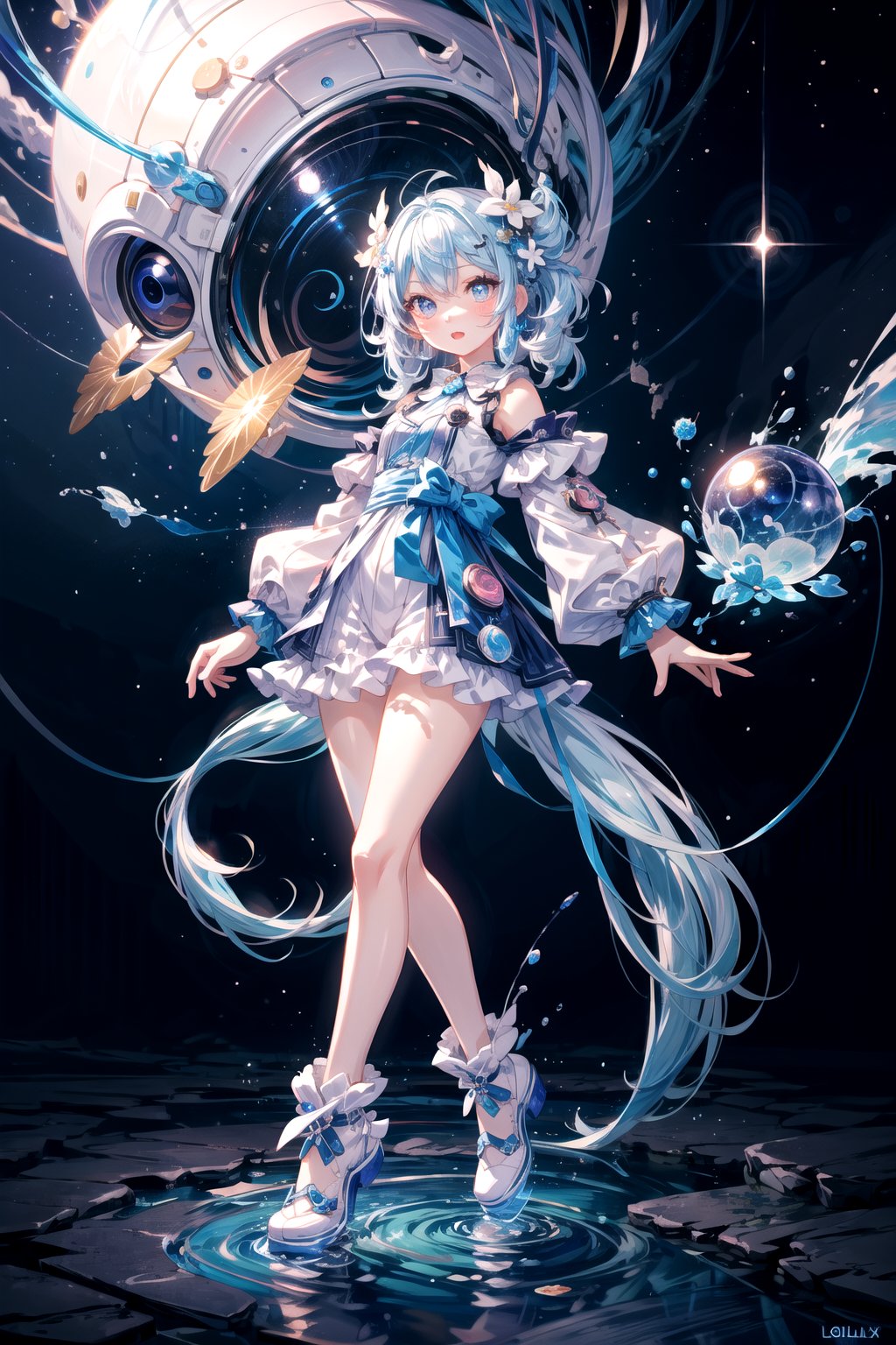 masterpiece,  extremely detailed, highest quality, girl, full body, beautiful shining eyes, cute expression, white and blue hair, alien planet, lolipop in hand, dynamic lighting, sharp ,no_humans,EnvyBeautyMix23, night time