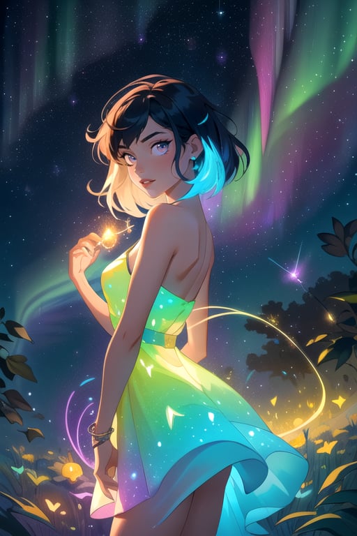 ((masterpiece, best quality, highres:1.2)) centered, close up, 1girl, young, drawing the northern lights ((multicolored haire)), flowing hair, short hair, glossy lips, cute, glowing multicolored eyes, looking at the camera, dual tone light source, colorful set, back light, body up, make up, glow sparkle, light rainbow dress, aurora lights, magical elements, brush, beautiful colorful coloring, glowing fireflies,EnvyBeautyMix23, falling star