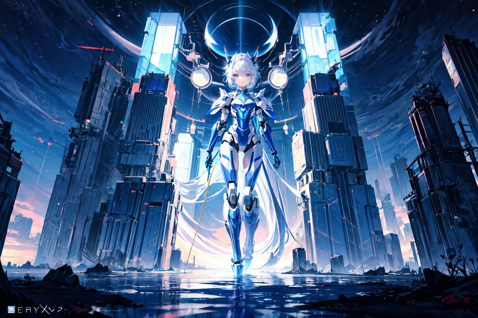 masterpiece,  extremely detailed, highest quality, girl, full body, futuristic mecha robot in the background, beautiful shining eyes, cute expression, symmetrical ,white and blue hair, , lolipop in hand, dynamic lighting, sharp ,no_humans,EnvyBeautyMix23, night time,scenery