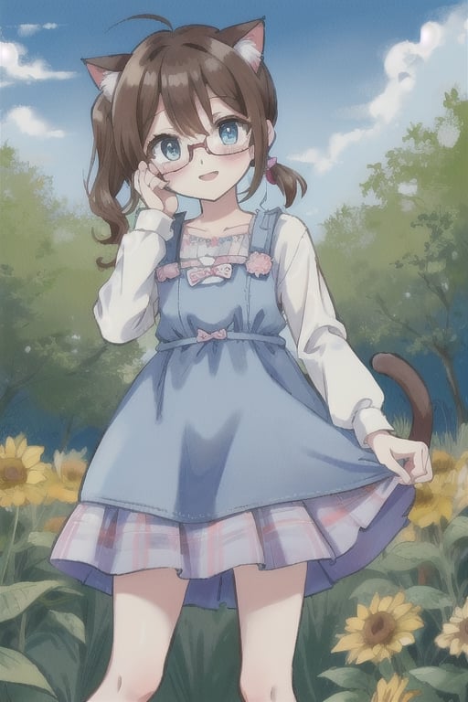 cat_girl,cute,brown_hair,twin_ponytails,short_hair,glasses,light_blue_eyes,outdoors,detailed