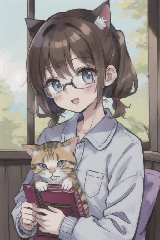 cat_girl,cute,brown_hair,twin_ponytails,short_hair,glasses,light_blue_eyes