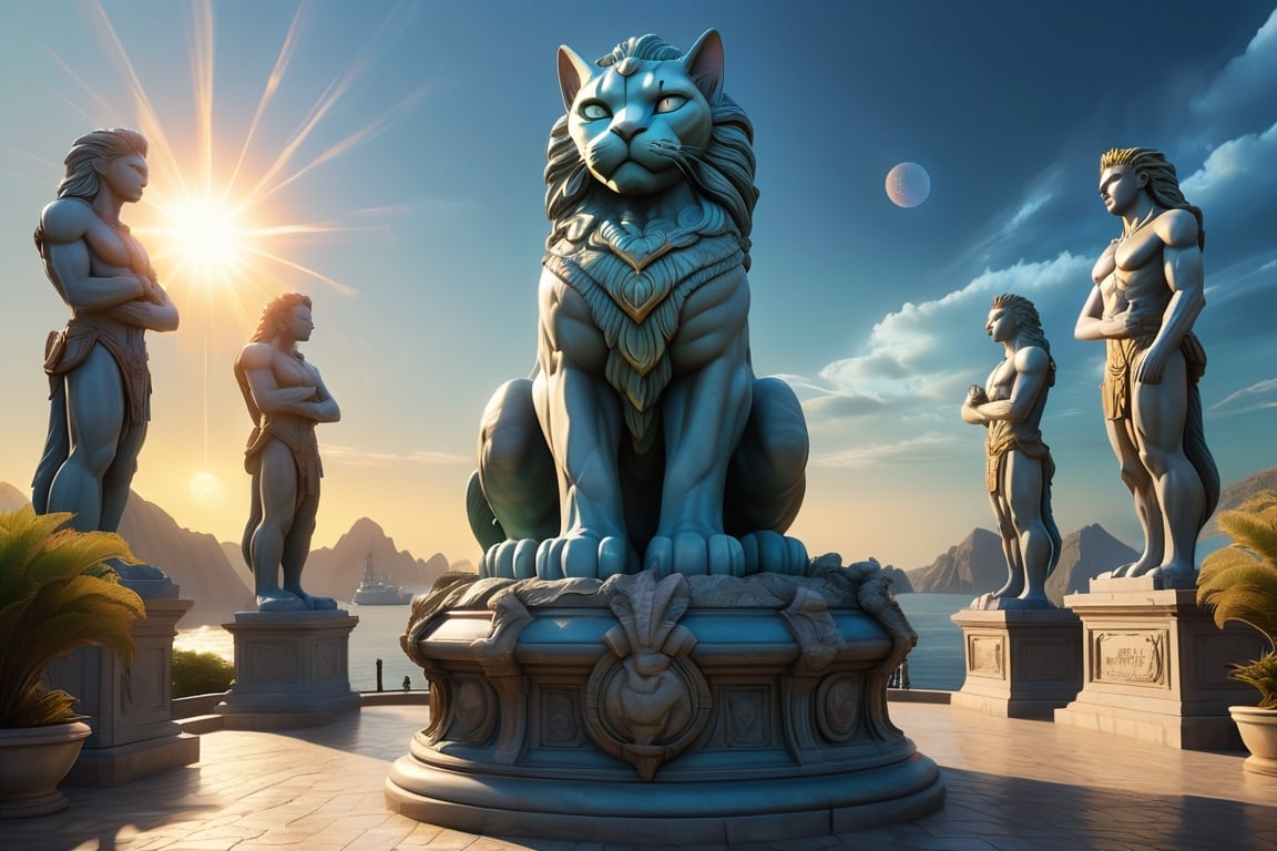 wide angle view of the port of a large monumental coastal city with neoclassical style in an extraterrestrial landscape, colossal stone statues of feline men warriors , strange exotic vegetation of bluish and bioluminescent colors, ((two suns in the sky)), global light natural, volumetric light, maximum detail, 18k, hyperrealistic