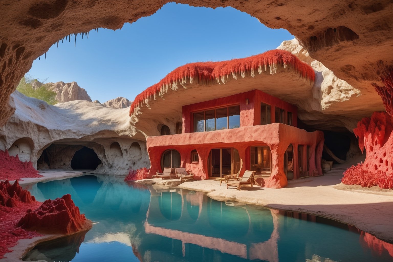 extraterrestrial image of a house made of adobe inside an alien cave in the desert, underground river with strange red vegetation, stalactites and stalagmites,clear water,natural global light, volumetric light, maximum detail, 18k, hyper realistic