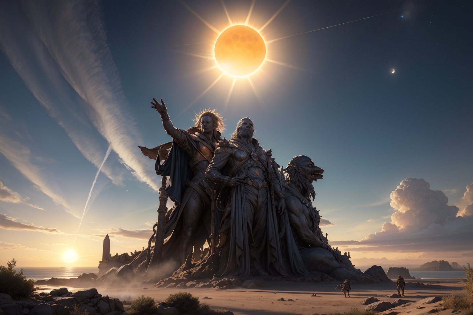 wide-angle view of a large coastal monumental city with neoclassical style in an extraterrestrial landscape, colossal statues,strange exotic vegetation of bluish colors, ((two suns in the sky, a Antares sun)), natural global light, volumetric light, maximum detail, 18k, hyper realistic