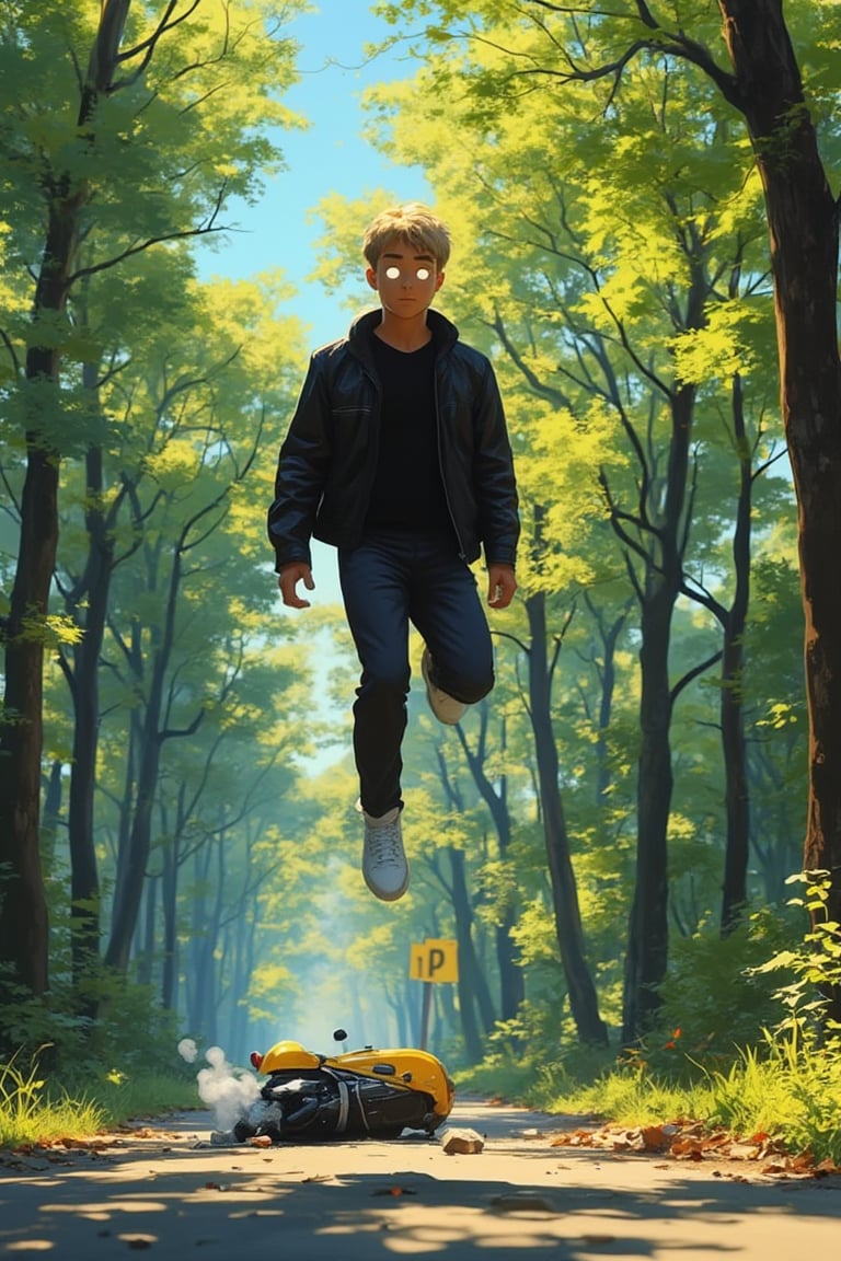 An incredibly realistic comic book style illustration of a cinematic scene, set on a sunny morning road surrounded by trees. The camera perspective tilts upwards from a low angle, showing a 25-year-old blond man levitating 10 meters above the ground. He is dressed in a black leather jacket, a black t-shirt, dark pants and white sneakers. His eyes are illuminated as he floats above the forest. In the background, his crashed yellow motorcycle releases smoke, the bike is smashed and broken next to a tree a few meters behind. The man's levitation from the accident shows his supernatural abilities. The overall atmosphere of the image is a mix of anime, cinema and concept art., cinema, painting, poster, illustration, concept art, anime