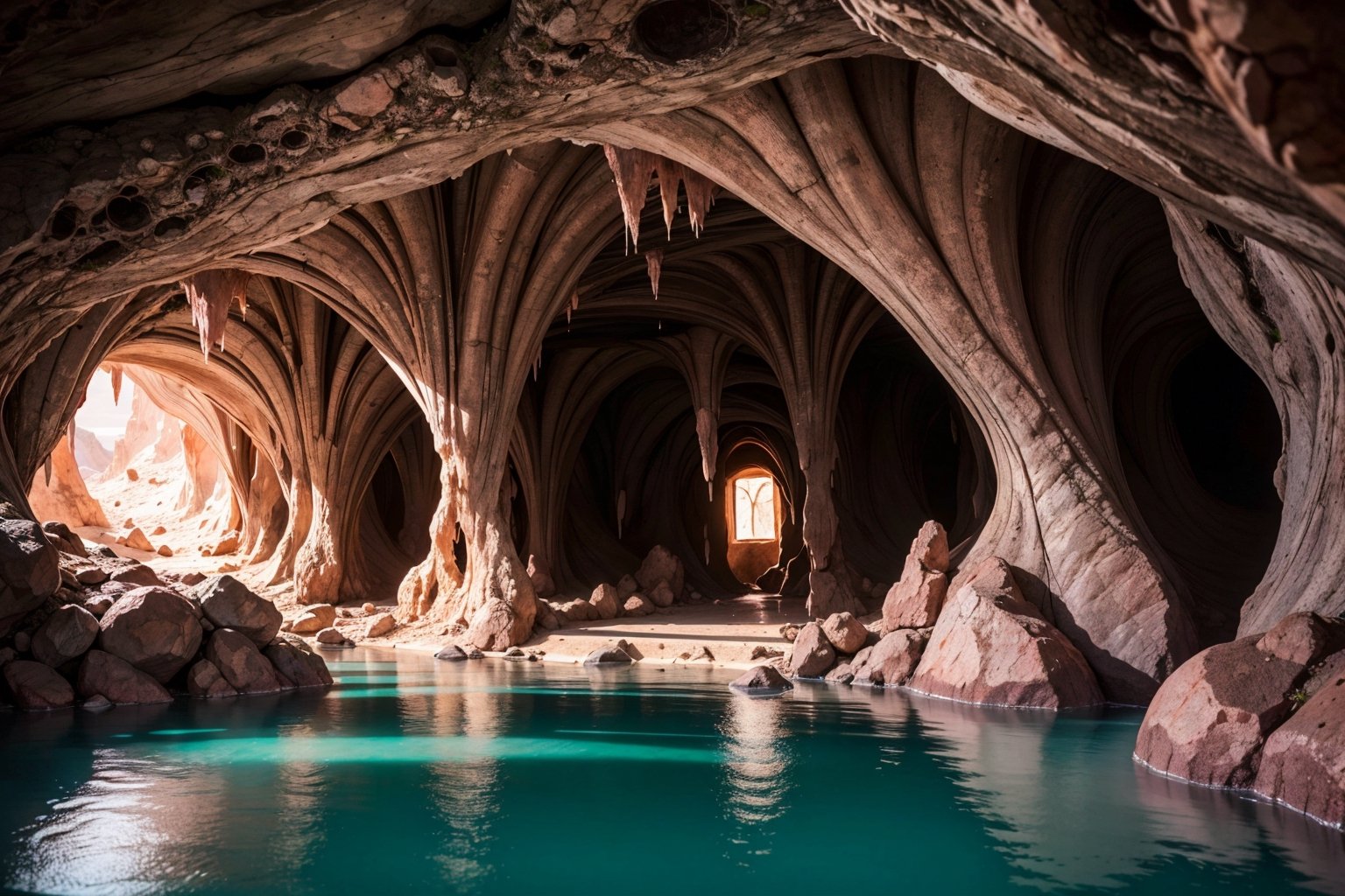 extraterrestrial image of a house made of adobe inside a cave in the desert, underground river with strange red vegetation, stalactites and stalagmites,clear water,natural global light, volumetric light, maximum detail, 18k, hyper realistic