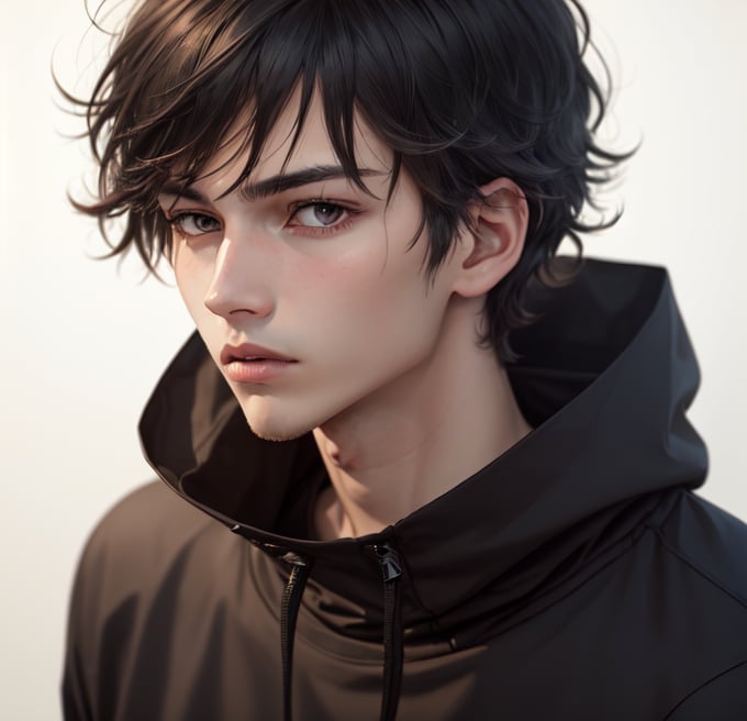 1boy 100% male_focus , solo , malevolent_face, disheveled_hair, frown , open_mouth , straight hair, black_eyes , black_hair , looking_at_viewer , straight body, face , long black jacket over a t-shirt white,blurry_background , v-shaped_eyebrows , close-up , bangs, 