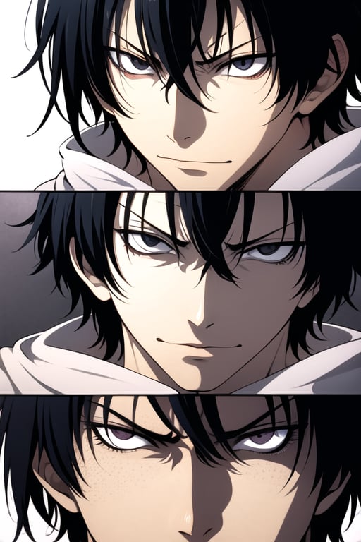 masterpiece, best quality, highres, male, dark_eyes, black_eyes, evil expression, face, male focus, closed mouth, looking at viewer