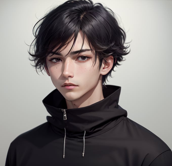 1boy 100% male_focus , solo , malevolent_face, disheveled_hair, frown , open_mouth , straight hair, black_eyes , black_hair , looking_at_viewer , straight body, face , long black jacket over a t-shirt white,blurry_background , v-shaped_eyebrows , close-up , bangs, 