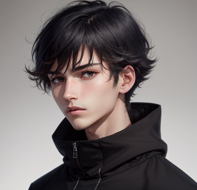 1boy 100% male_focus , solo , malevolent_face, disheveled_hair, frown , open_mouth , straight hair, black_eyes , black_hair , looking_at_viewer , straight body, face , long black jacket over a t-shirt white,blurry_background , v-shaped_eyebrows , close-up , bangs, 