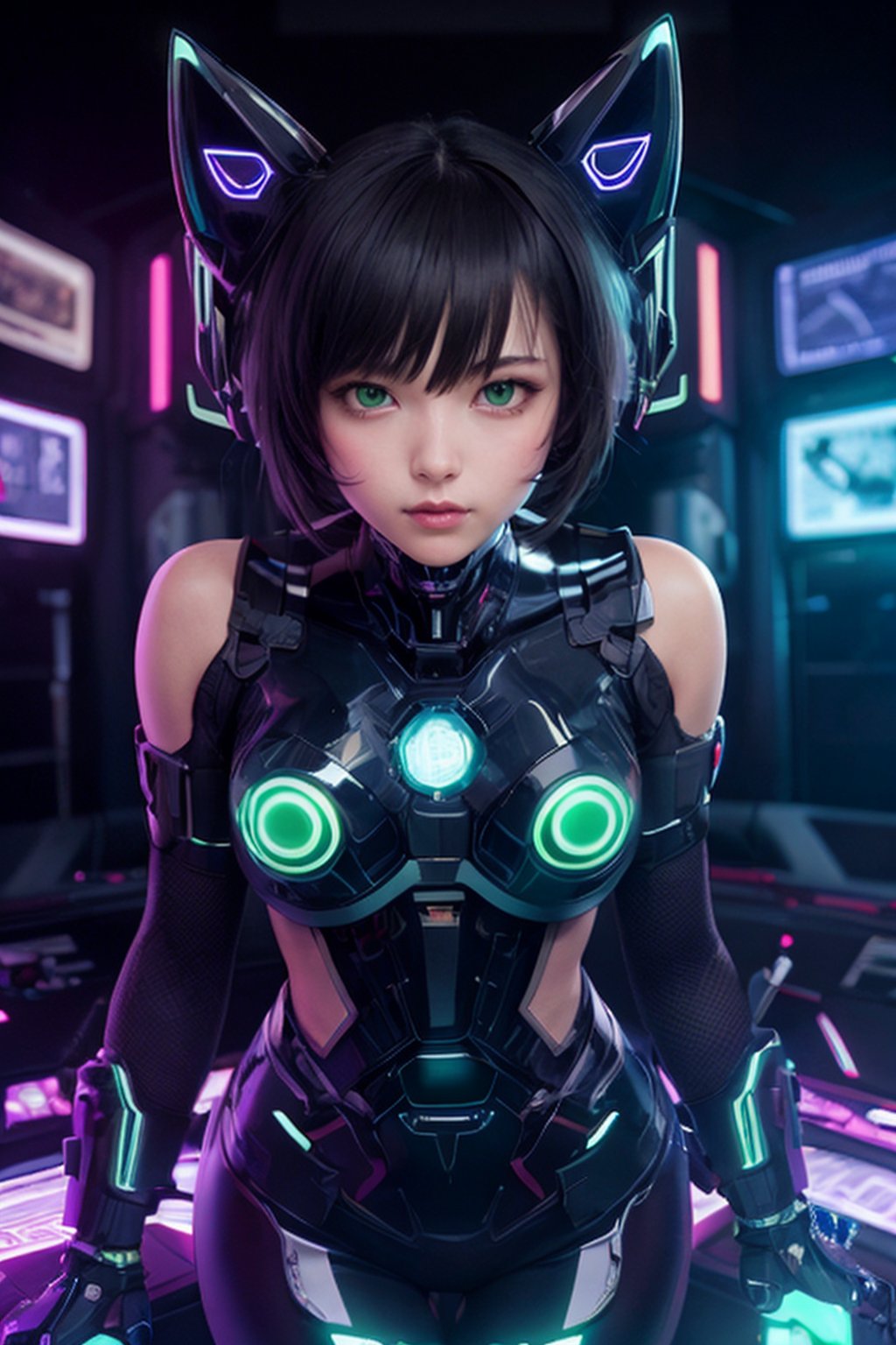 Alone anime girl with cat ears with a medium length pose and cute clothes, short dark black hair with bangs that cover the right eye, green eyes, hyper detailed eyes, beautiful eyes, cybernetic eyes, small perky breasts, perfect anatomy, centered, approaching perfection, dynamic, highly detailed, character sheet, artstation, concept art, smooth, sharp focus, illustration, art by Kim Jung gi,, Artgerm, Carne Griffiths and Wadim Kashin , Sasha Yakovleva, loish, jeremy mann, full body shot, character sheet, lightning wave, Beautiful anime watercolor painting ,paint dripping by tim okamura, victor nizovtsev, greg rutkowski, noah bradley. trending on artstation, 8k, masterpiece, graffiti paint, fine detail, full of color, intricate detail, golden ratio illustration, Grisaille, Monochromatic green background