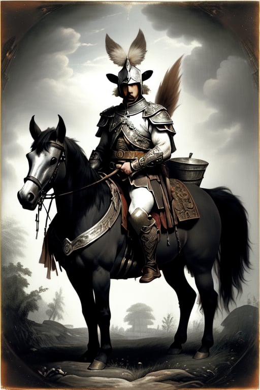   French warrior from the time of the Templars with all the clothing and on horseback,,Animal ear