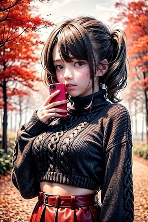 1girl with a cell phone, she is in a red forest,black sweater,cropped sweater,masterpiece,best quality, she looks disgusted