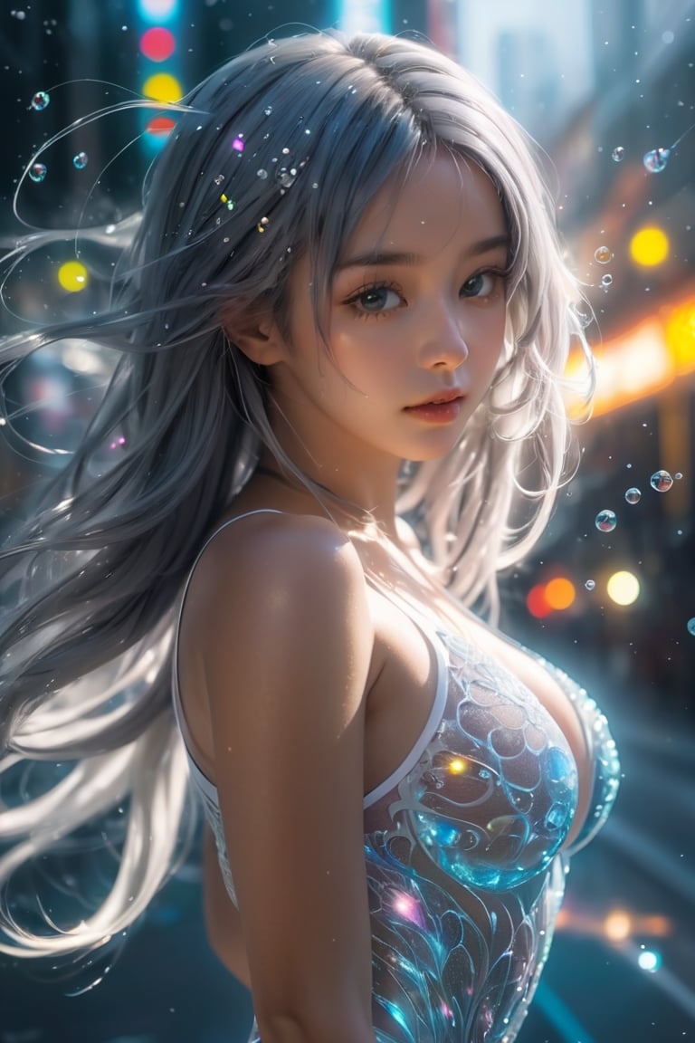 Body, (full body), delicate skin,fantasy, subsurface scattering, perfect anatomy,  glow, bloom, Bioluminescent liquid,zen style,Movie Still, cold color, vibrant, volumetric light (masterpiece, top quality, best quality, official art, beautiful and aesthetic:1.2), (waiting for the bus),extreme detailed,(abstract, fractal art:1.3),colorful hair,highest detailed, detailed_eyes, snowing, smoke bubbles, light_particles, pretty face, perfect body, five fingers, perfect hands, anatomically perfect body, sexy posture,(black eyes),(gray hair), very long hair, topless s,white bike_shorts,dynamic angle,depth of field, hyper detailed, highly detailed, beautiful, small details, ultra detailed, best quality, 4k,((whole body)),ZilleAI,LinkGirl,p3rfect boobs