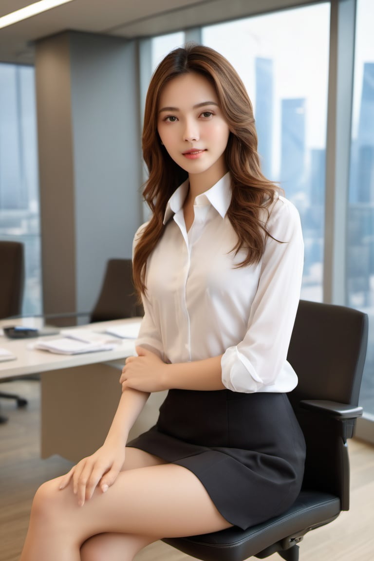 - [ ] photorealistic:1.37, masterpiece, best quality, raw photo, absurdres, uhd, 1girl, wavy hair, brown hair, seductive , looking at viewer, in the large meeting room of the office in the high tower office building in  Tokyo ,Tokyo tower,intricate detail, detailed background, detailed skin, pore, highres, hdr , presentation to ten men , beautiful model, soft light to the face,JP_MODELS,open white shirts uniform , midium breasts, a 30 yo woman sitting on the desk spreading legs , with no shorts or panties, no panty, Pubic hair is clearly visible, nude bottom, 