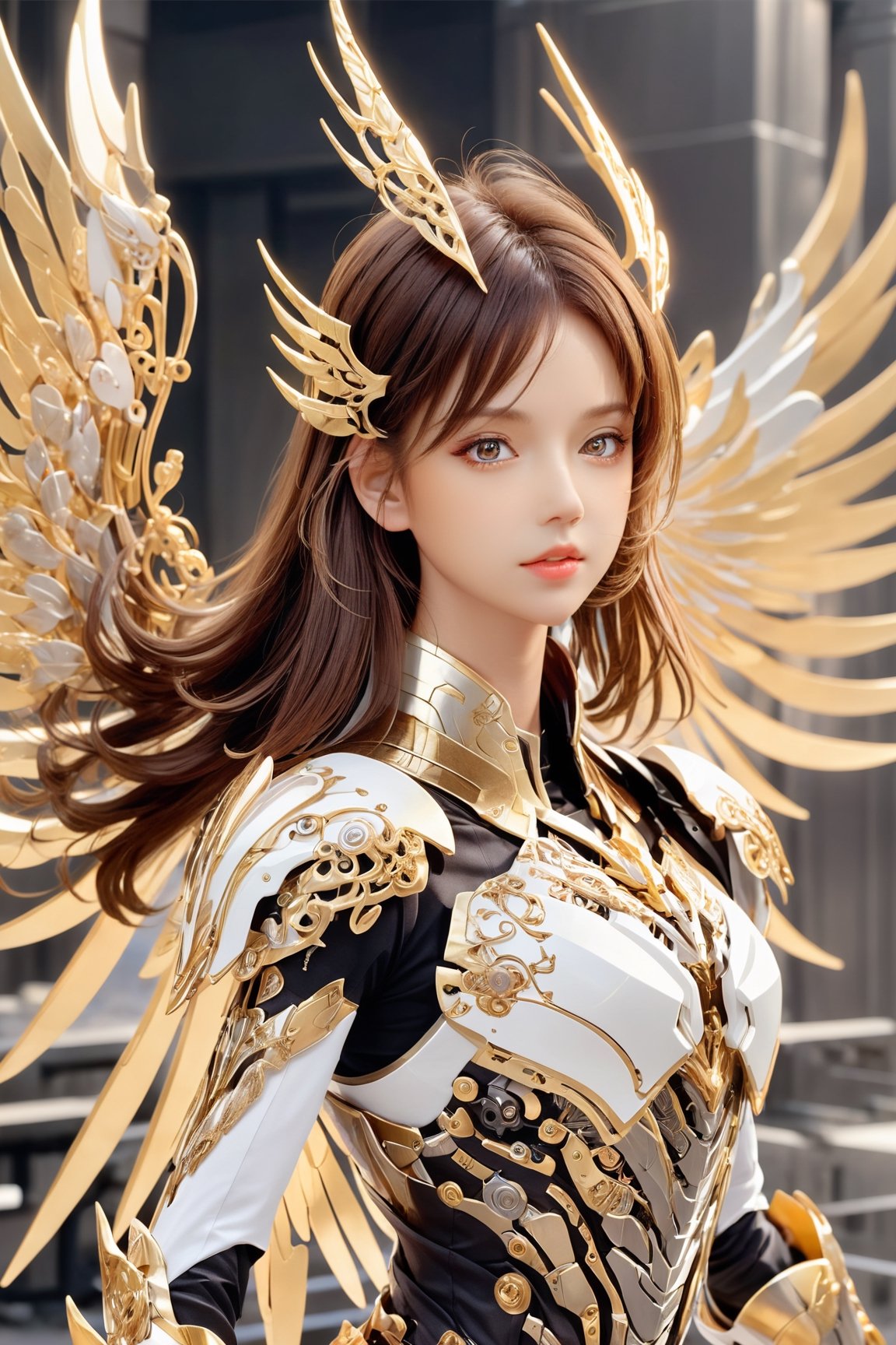 (1girl, looking at viewer), brown long hair, mechanical_wings, dynamic pose, delicate gold filigree, intricate filigree, white metalic parts, golden parts, intricate armor, detailed part, cyborg, Movie Still,ellafreya,candyseul,xxmix_girl