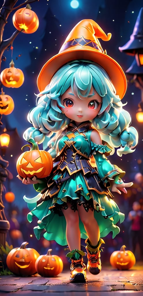  ((1 girl with Halloween costume and wizard hat holding a halloween pumpkin , in the halloween night festival,adorable, happy)), (masterpiece, best quality, ultra-detailed), (detailed background)street, bokeh, (beautiful detailed face), high contrast, ,girl , boxing pose, 