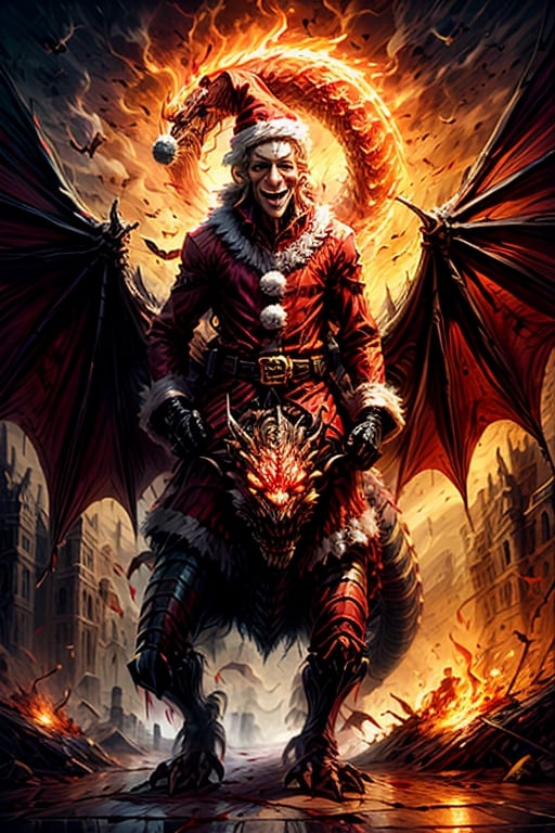 Santa ,, riding a dragon, holding sword, embers, deserted city, male focus, gloves, smile, long sleeves, blood, 