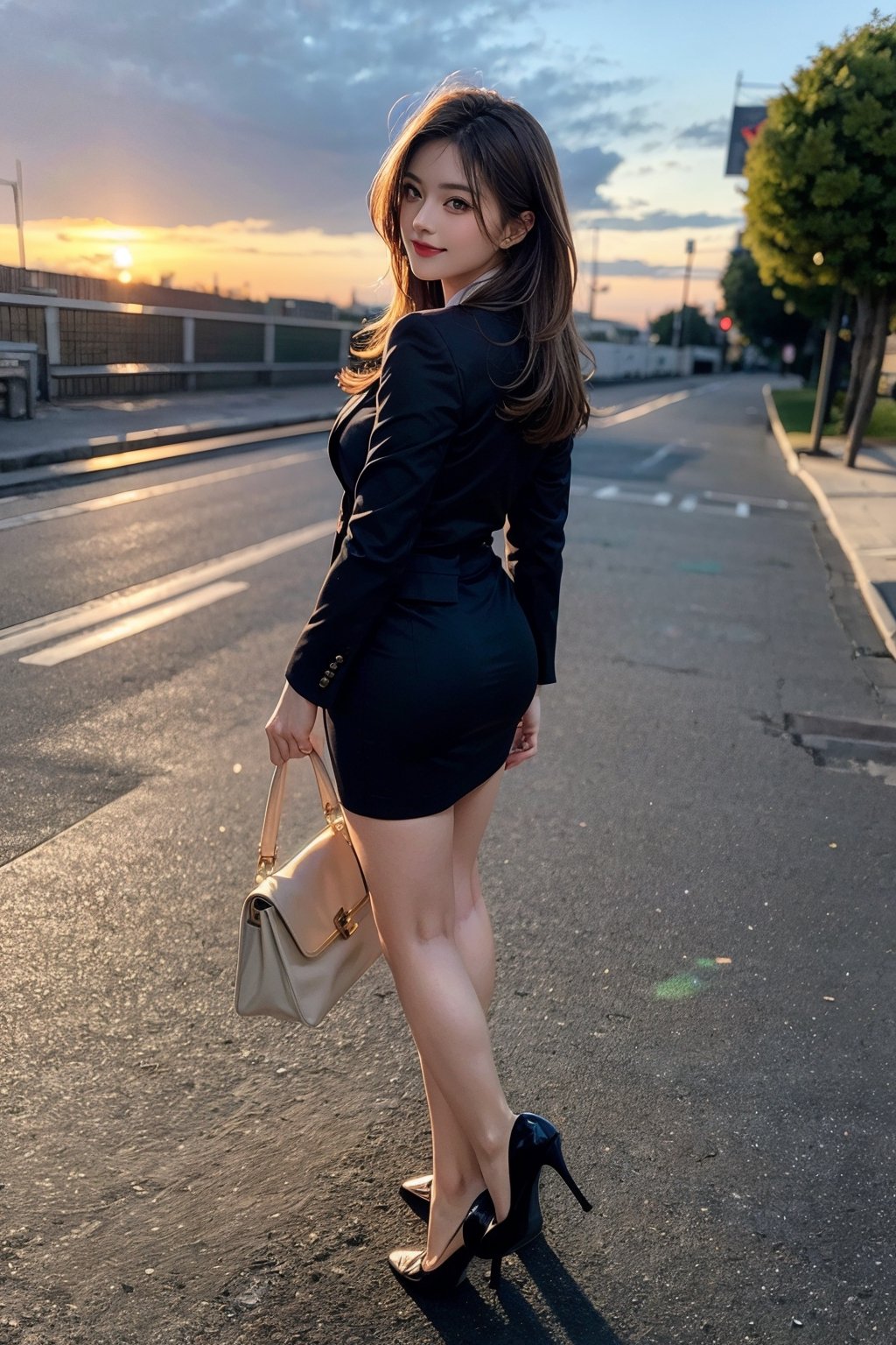 (realistic, photo-realistic:1.37), (masterpiece), (best quality:1.4), (ultra high res:1.2),(RAW photo:1.2), (sharp focus:1.3), (face focus:1.2), elegant, (full body:0.9), (1 girl wearing detailed pencil-skirt and suit-jacket:1.3), (office lady), professionattire, high heels, (33yo:1.1), (light smile:1.2), (shine hair:1.3), [bun-head hair style], BREAK,
(huge breast), scenery, (Beautiful Sunset background:1.2), from behind, backshot, bangs, beautiful detailed eyes, looking at viewer, (cute), (no makeup), clean face, 