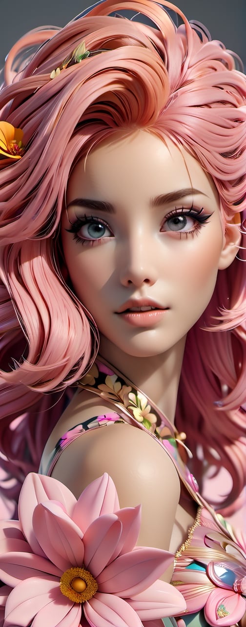 Intricate image of a Beautiful floral girl with flowy flowe-like pink hair, work of beauty and complexity, hyperdetailed facial features, 8k UHD, close-up, alberto seveso style 