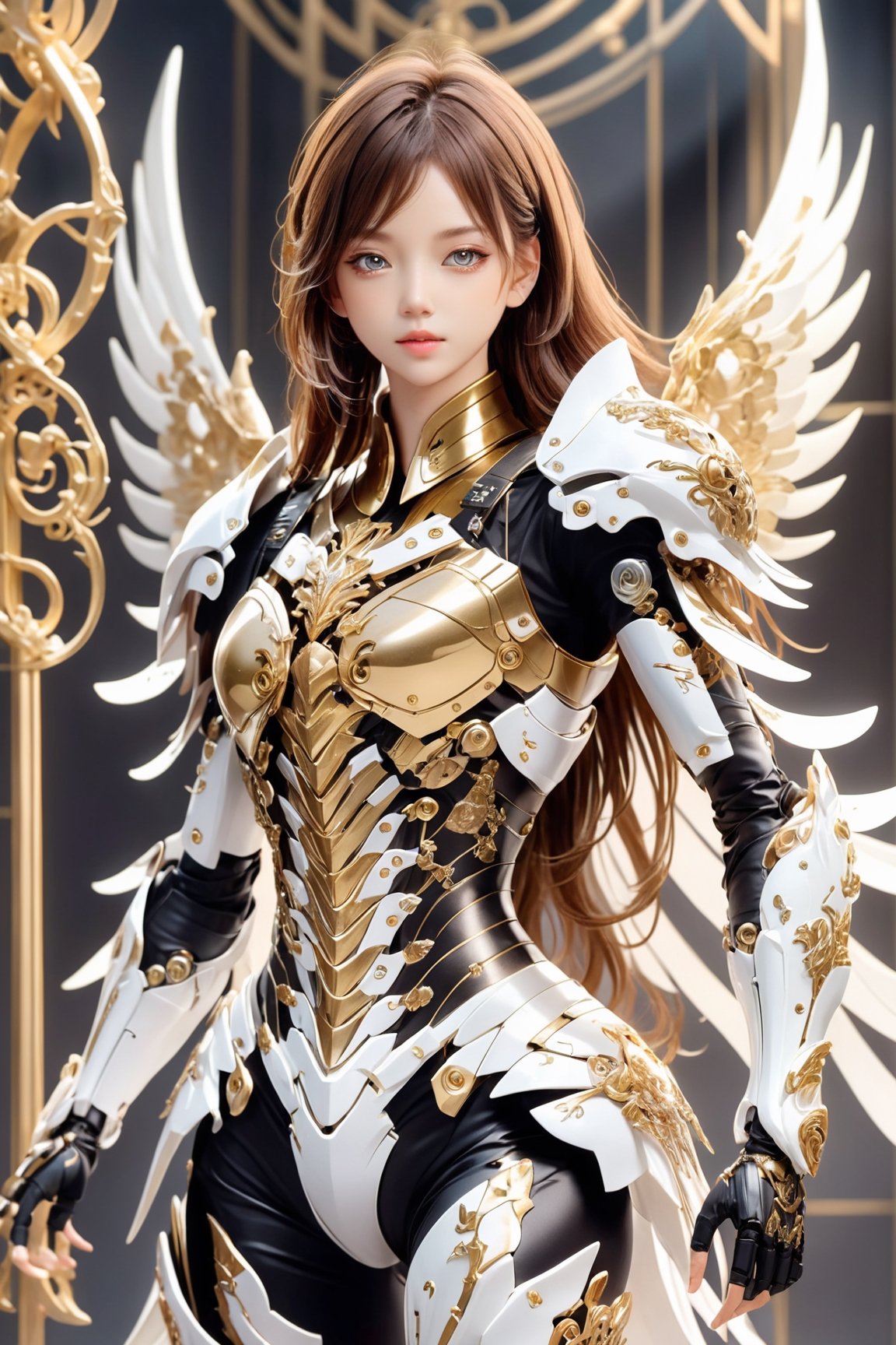 (1girl, looking at viewer), brown long hair, mechanical_wings, dynamic pose, delicate gold filigree, intricate filigree, white metalic parts, golden parts, intricate armor, detailed part, cyborg, Movie Still,ellafreya,candyseul,xxmix_girl