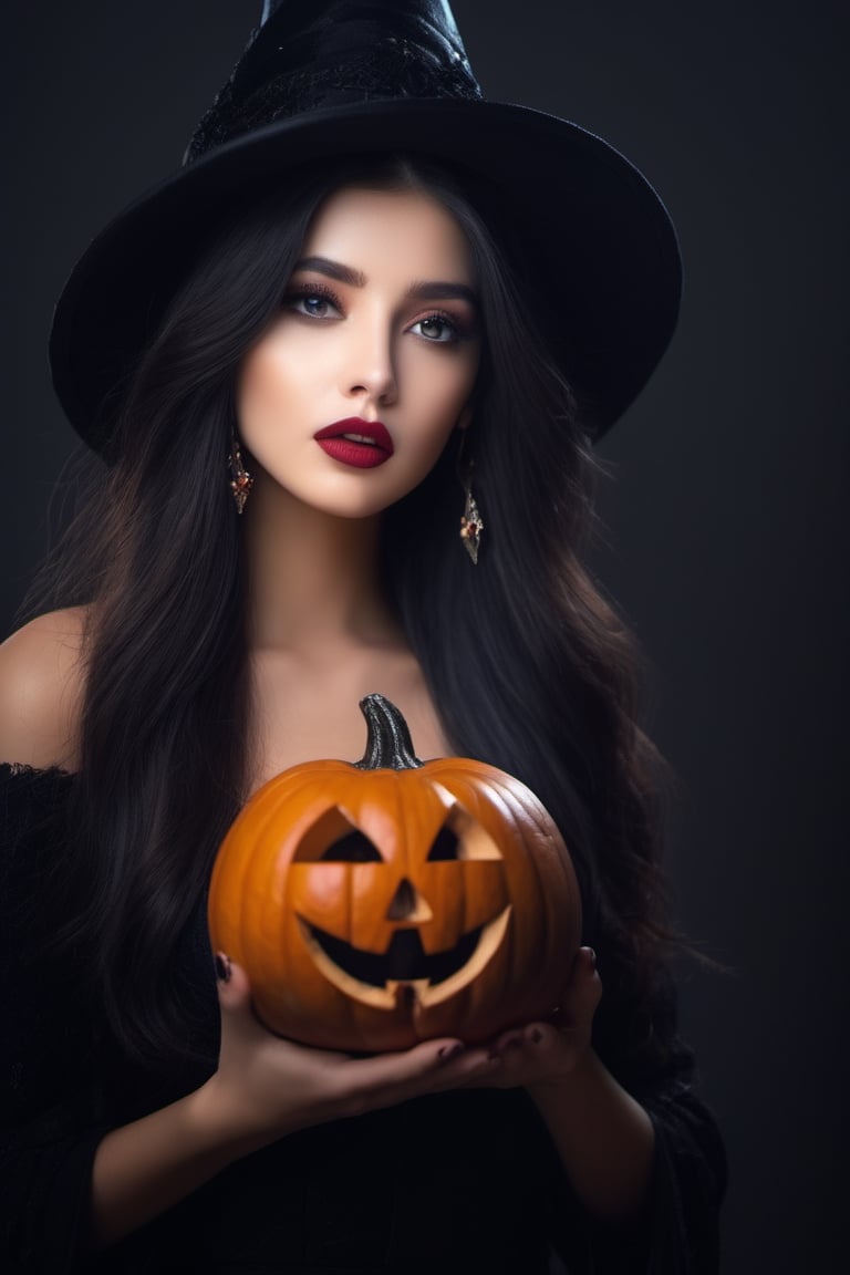 (8k, RAW photo, best quality, masterpiece:1.2),(realistic, photo-realistic:1.37), ((1 girl with Halloween costume and wizard hat holding a halloween pumpkin , in the halloween night festival,adorable, happy)),  1girl, solo, jewelry, earrings, black hair, long hair, looking at viewer, black eyes, realistic, makeup, upper body, black background, breasts, red lips, collarbone, simple background, cleavage, eyeshadow, multicolored hair 