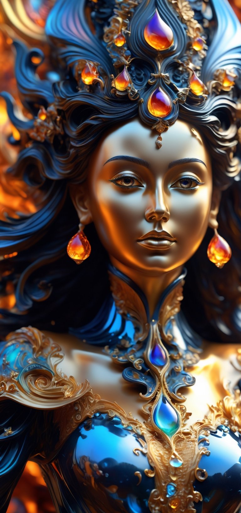 a close up of a statue of a woman, digital art, inspired by tomasz alen kopera, gothic art, intricate skeletal decorations, 8 k highly detailed, beautiful elegant halloween girl with a wizard hat , intricate body, beautiful detail and color, sylvain sarrailh and igor morski, intricate costume design, detailed body, ultra detailed artistic abstract photography of liquid lust, detailed captivating eyes on molten statue, asymmetrical, gooey liquid hair, highly refractive skin, Digital painting, colorful, volumetric lighting, High definition, detailed, realistic, 8k uhd, high quality,A girl dancing ,fire element,DonMCyb3rN3cr0XL 