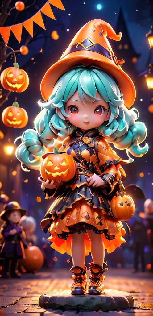  ((1 girl with Halloween costume and wizard hat holding a halloween pumpkin , in the halloween night festival,adorable, happy)), (masterpiece, best quality, ultra-detailed), (detailed background)street, bokeh, (beautiful detailed face), high contrast, ,girl , boxing pose, 