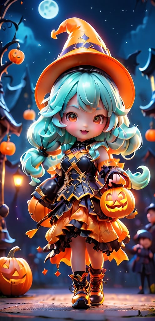  ((1 girl with Halloween costume and wizard hat holding a halloween pumpkin , in the halloween night festival,adorable, happy)), (masterpiece, best quality, ultra-detailed), (detailed background)street, bokeh, (beautiful detailed face), high contrast, ,girl , boxing pose, 