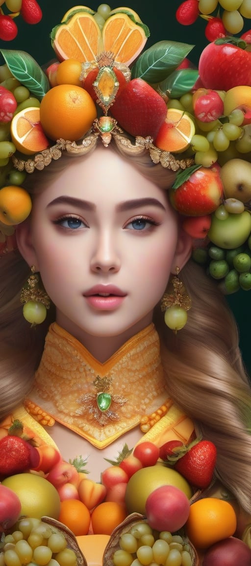 Fruit gown,Princess, photography,  hyper detailed, trending on artstation, sharp focus, studio photo, intricate details, highly detailed,detailed face, detailed, (ultra hd,) . 