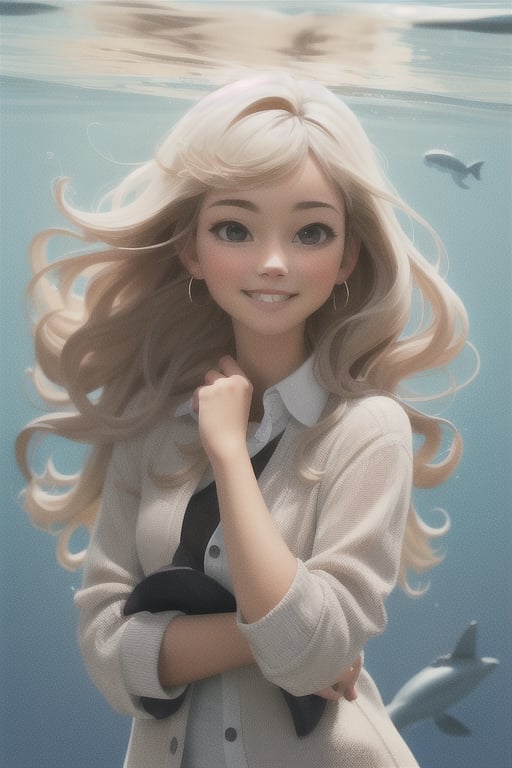 (masterpiece), (best quality), Photo Realistic, (extreme detailed), (1 girl), (pretty cute girl), smile, slender, blonde long hair, bluewish, playing with gray dolphin, in the under water, upper body, original, extremely detailed wallpaper, (parfect detail features), 16k, 